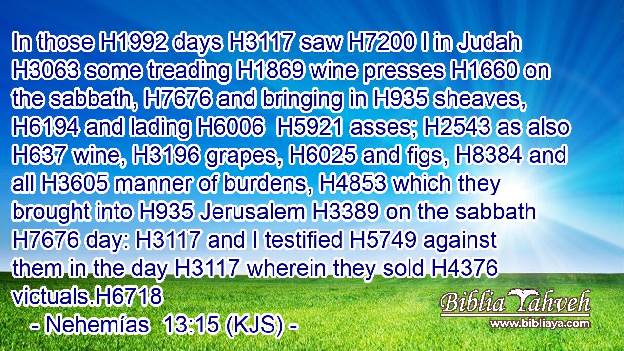 In those H1992 days H3117 saw H7200 I in Judah H3063 some treading H1869 wine presses H1660 on the sabbath, H7676 and bringing in H935 sheaves, H6194 and lading H6006  H5921 asses; H2543 as also H637 wine, H3196 grapes, H6025 and figs, H8384 and all H3605 manner of burdens, H4853 which they brought into H935 Jerusalem H3389 on the sabbath H7676 day: H3117 and I testified H5749 against them in the day H3117 wherein they sold H4376 victuals.H6718