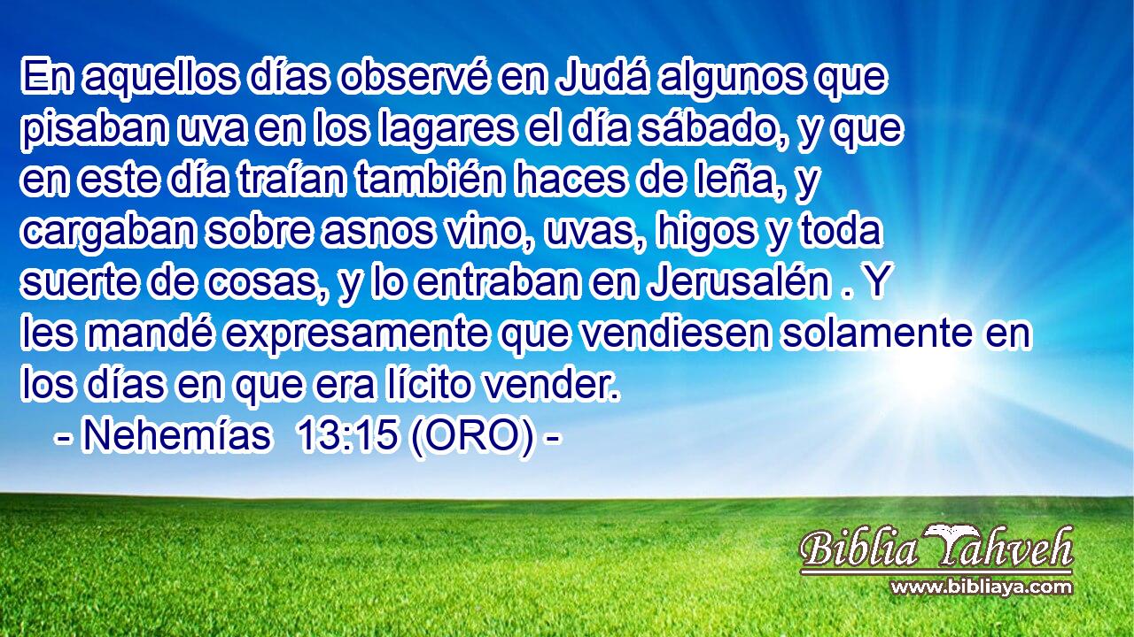  En aquellos días observé en Judá algunos que pisaban uva en los lagares el día sábado, y que en este día traían también haces de leña, y cargaban sobre asnos vino, uvas, higos y toda suerte de cosas, y lo entraban en Jerusalén . Y les mandé expresamente que vendiesen solamente en los días en que era lícito vender. 