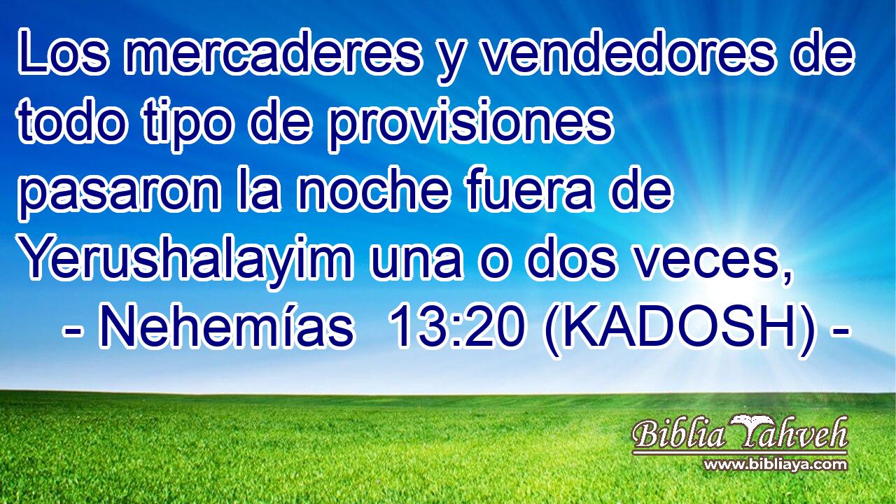  Los mercaderes y vendedores de todo tipo de provisiones pasaron la noche fuera de Yerushalayim una o dos veces, 