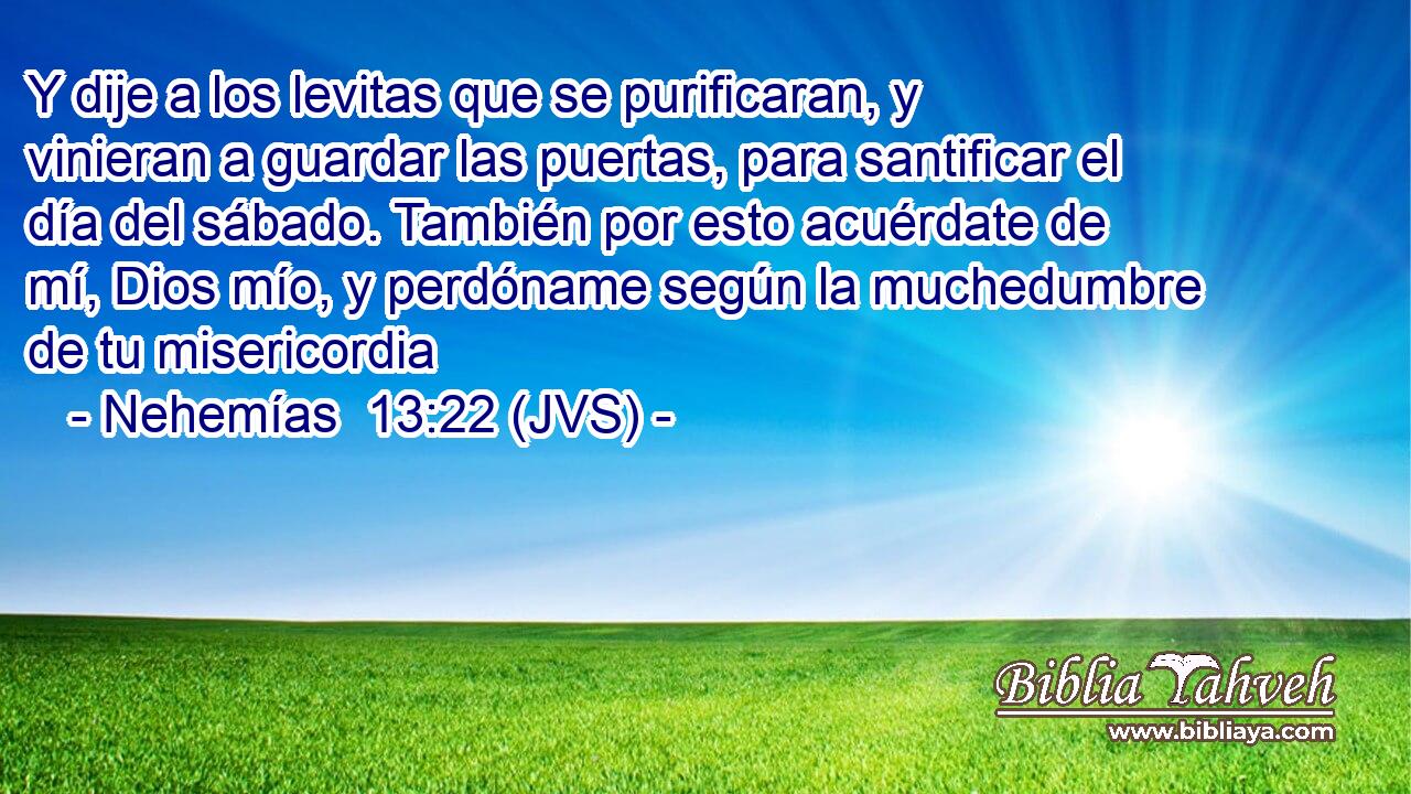 Y dije a los levitas que se purificaran, y vinieran a guardar las puertas, para santificar el día del sábado. También por esto acuérdate de mí, Dios mío, y perdóname según la muchedumbre de tu misericordia