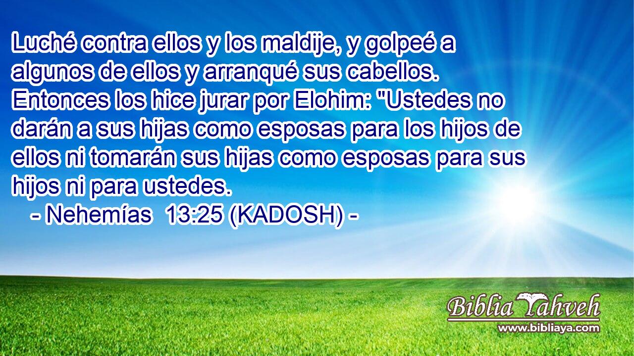  Luché contra ellos y los maldije, y golpeé a algunos de ellos y arranqué sus cabellos. Entonces los hice jurar por Elohim: 