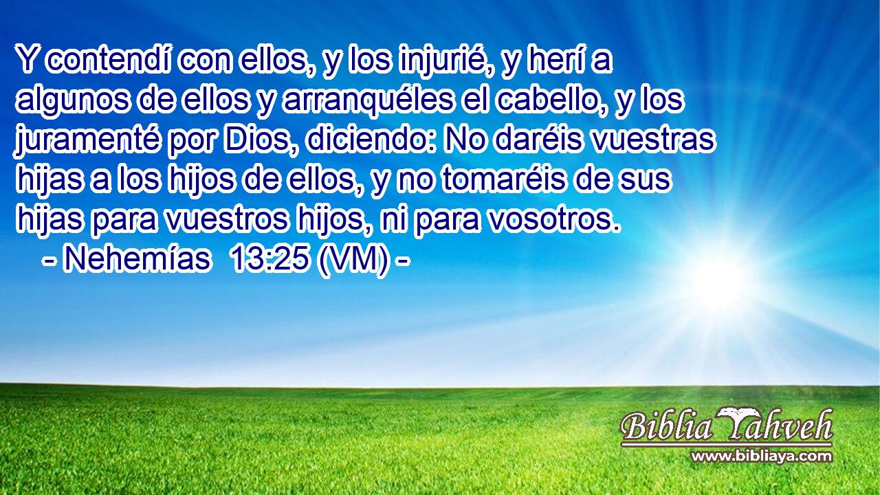  Y contendí con ellos, y los injurié, y herí a algunos de ellos y arranquéles el cabello, y los juramenté por Dios, diciendo: No daréis vuestras hijas a los hijos de ellos, y no tomaréis de sus hijas para vuestros hijos, ni para vosotros. 