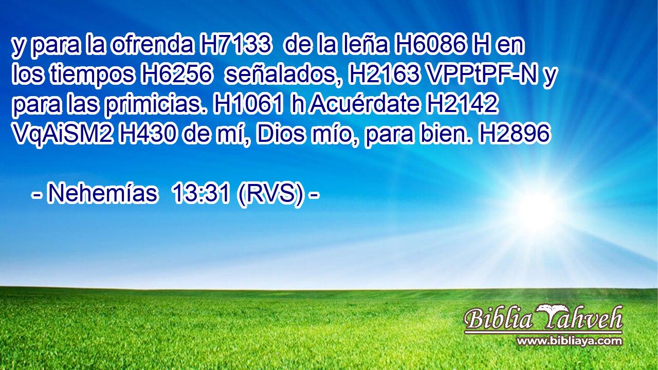 y para la ofrenda H7133  de la leña H6086 H en los tiempos H6256  señalados, H2163 VPPtPF-N y para las primicias. H1061 h Acuérdate H2142 VqAiSM2 H430 de mí, Dios mío, para bien. H2896  