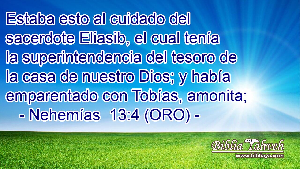  Estaba esto al cuidado del sacerdote Eliasib, el cual tenía la superintendencia del tesoro de la casa de nuestro Dios; y había emparentado con Tobías, amonita; 