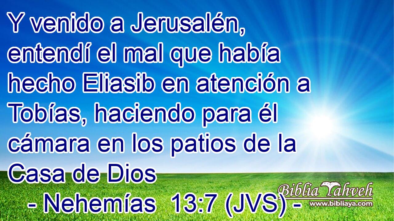 Y venido a Jerusalén, entendí el mal que había hecho Eliasib en atención a Tobías, haciendo para él cámara en los patios de la Casa de Dios