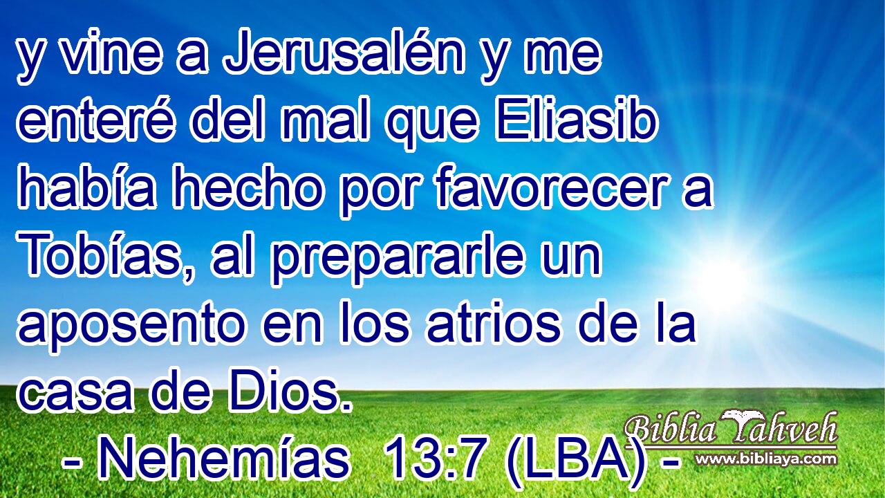 y vine a Jerusalén y me enteré del mal que Eliasib había hecho por favorecer a Tobías, al prepararle un aposento en los atrios de la casa de Dios.