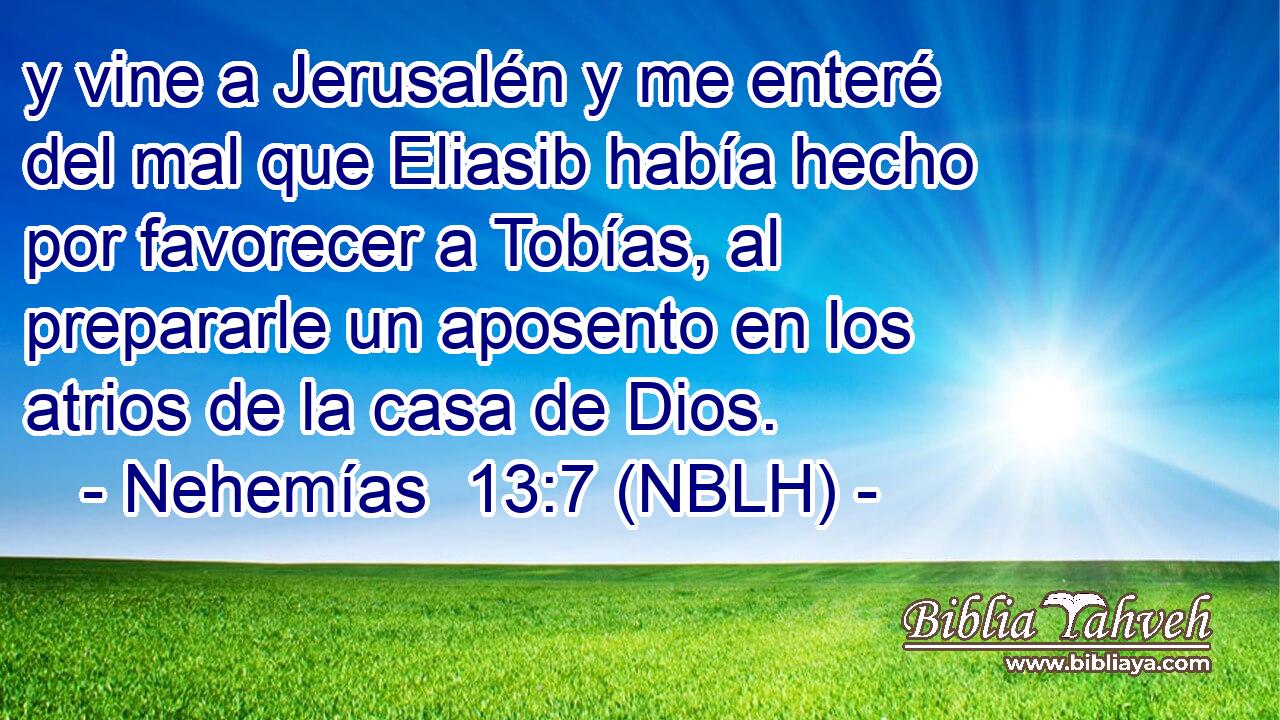  y vine a Jerusalén y me enteré del mal que Eliasib había hecho por favorecer a Tobías, al prepararle un aposento en los atrios de la casa de Dios. 