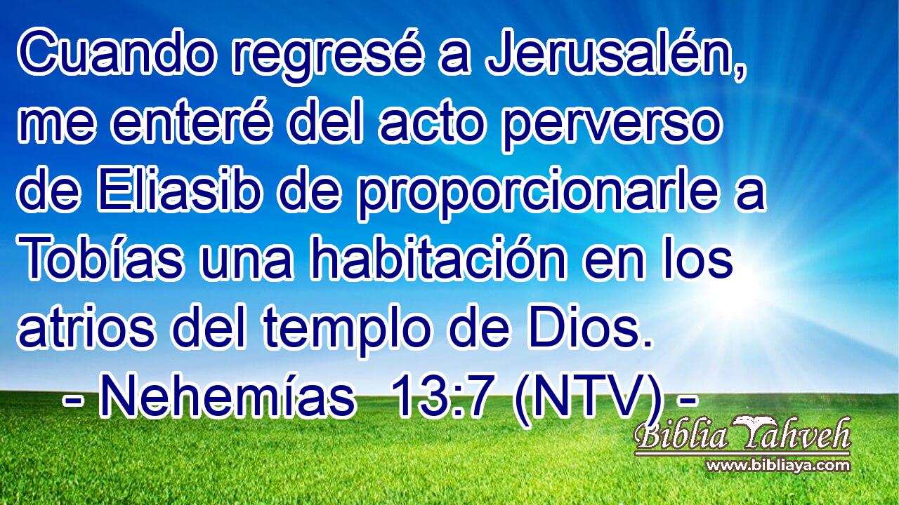 Cuando regresé a Jerusalén, me enteré del acto perverso de Eliasib de proporcionarle a Tobías una habitación en los atrios del templo de Dios.