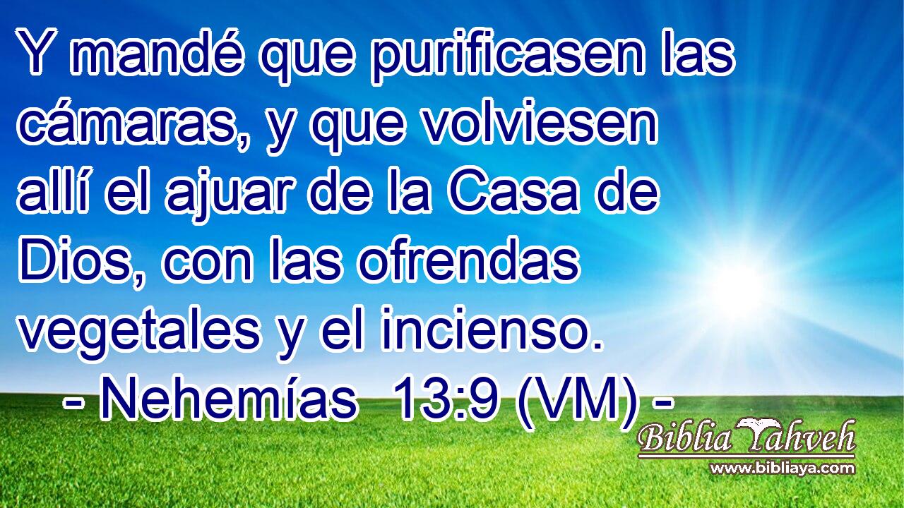  Y mandé que purificasen las cámaras, y que volviesen allí el ajuar de la Casa de Dios, con las ofrendas vegetales y el incienso. 