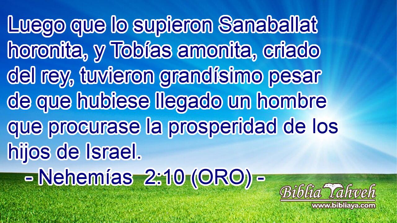  Luego que lo supieron Sanaballat horonita, y Tobías amonita, criado del rey, tuvieron grandísimo pesar de que hubiese llegado un hombre que procurase la prosperidad de los hijos de Israel. 