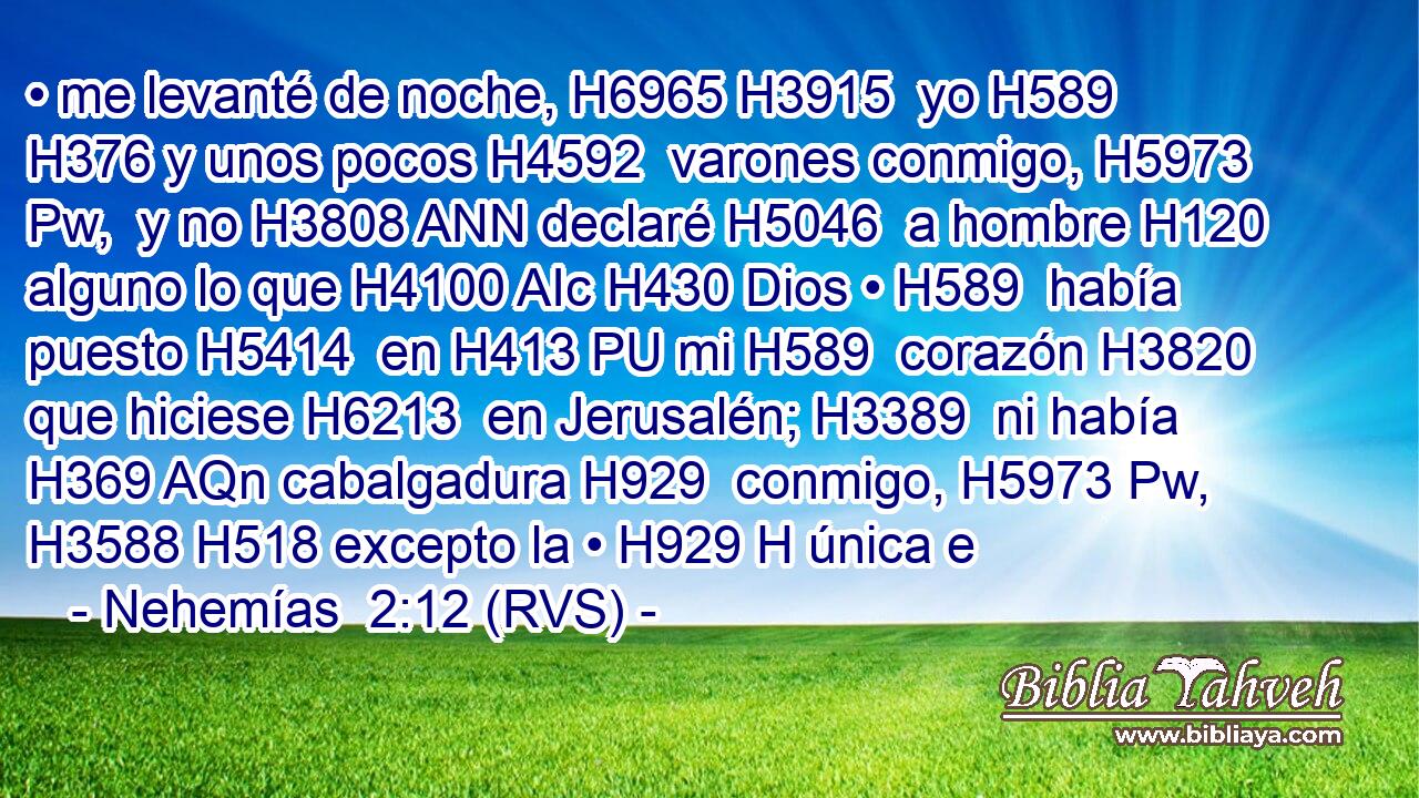 • me levanté de noche, H6965 H3915  yo H589  H376 y unos pocos H4592  varones conmigo, H5973 Pw,  y no H3808 ANN declaré H5046  a hombre H120  alguno lo que H4100 AIc H430 Dios • H589  había puesto H5414  en H413 PU mi H589  corazón H3820  que hiciese H6213  en Jerusalén; H3389  ni había H369 AQn cabalgadura H929  conmigo, H5973 Pw,  H3588 H518 excepto la • H929 H única e