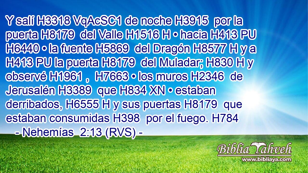 Y salí H3318 VqAcSC1 de noche H3915  por la puerta H8179  del Valle H1516 H • hacia H413 PU H6440 • la fuente H5869  del Dragón H8577 H y a H413 PU la puerta H8179  del Muladar; H830 H y observé H1961 ,  H7663 • los muros H2346  de Jerusalén H3389  que H834 XN • estaban derribados, H6555 H y sus puertas H8179  que estaban consumidas H398  por el fuego. H784  