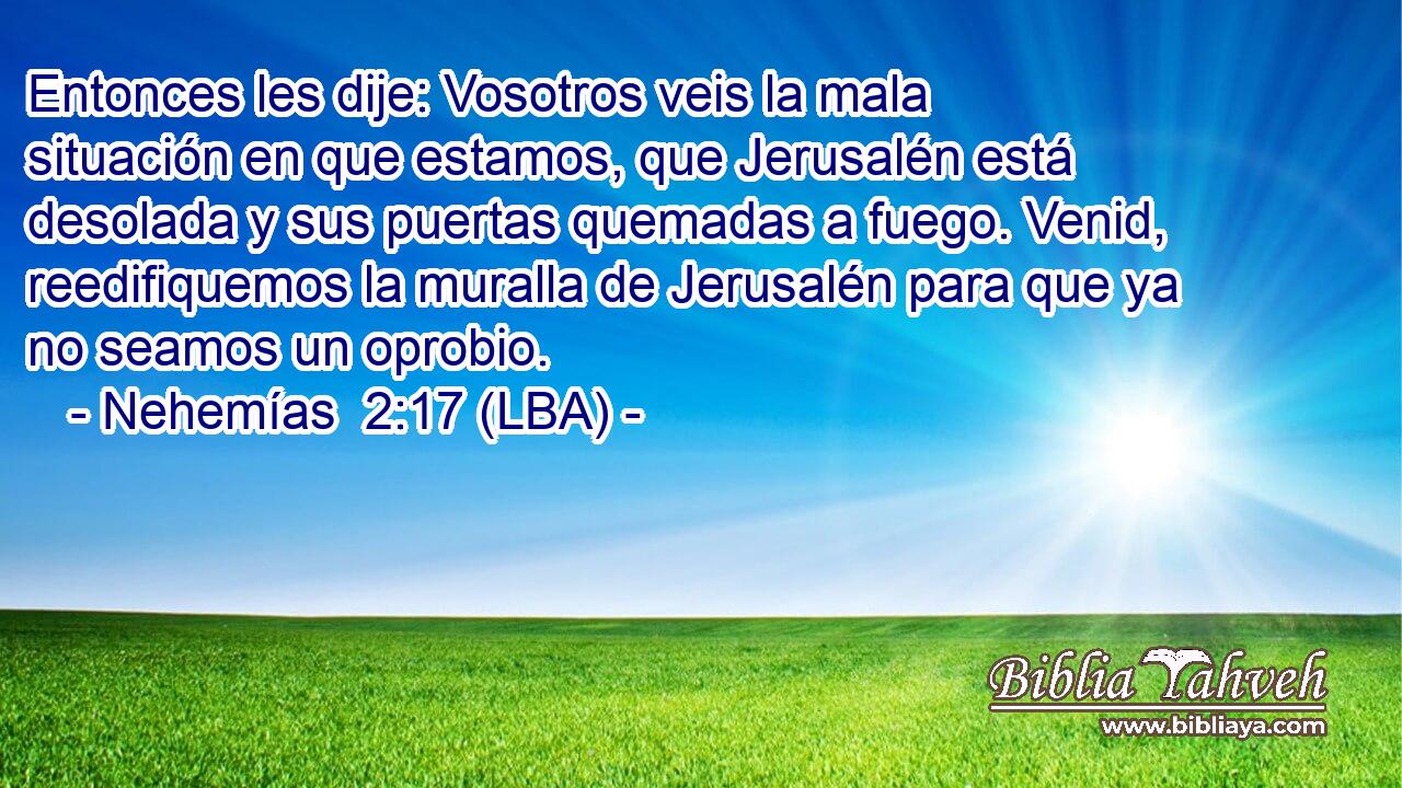 Entonces les dije: Vosotros veis la mala situación en que estamos, que Jerusalén está desolada y sus puertas quemadas a fuego. Venid, reedifiquemos la muralla de Jerusalén para que ya no seamos un oprobio.
