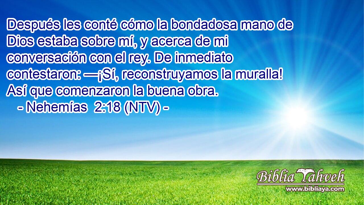Después les conté cómo la bondadosa mano de Dios estaba sobre mí, y acerca de mi conversación con el rey. De inmediato contestaron: —¡Sí, reconstruyamos la muralla! Así que comenzaron la buena obra.