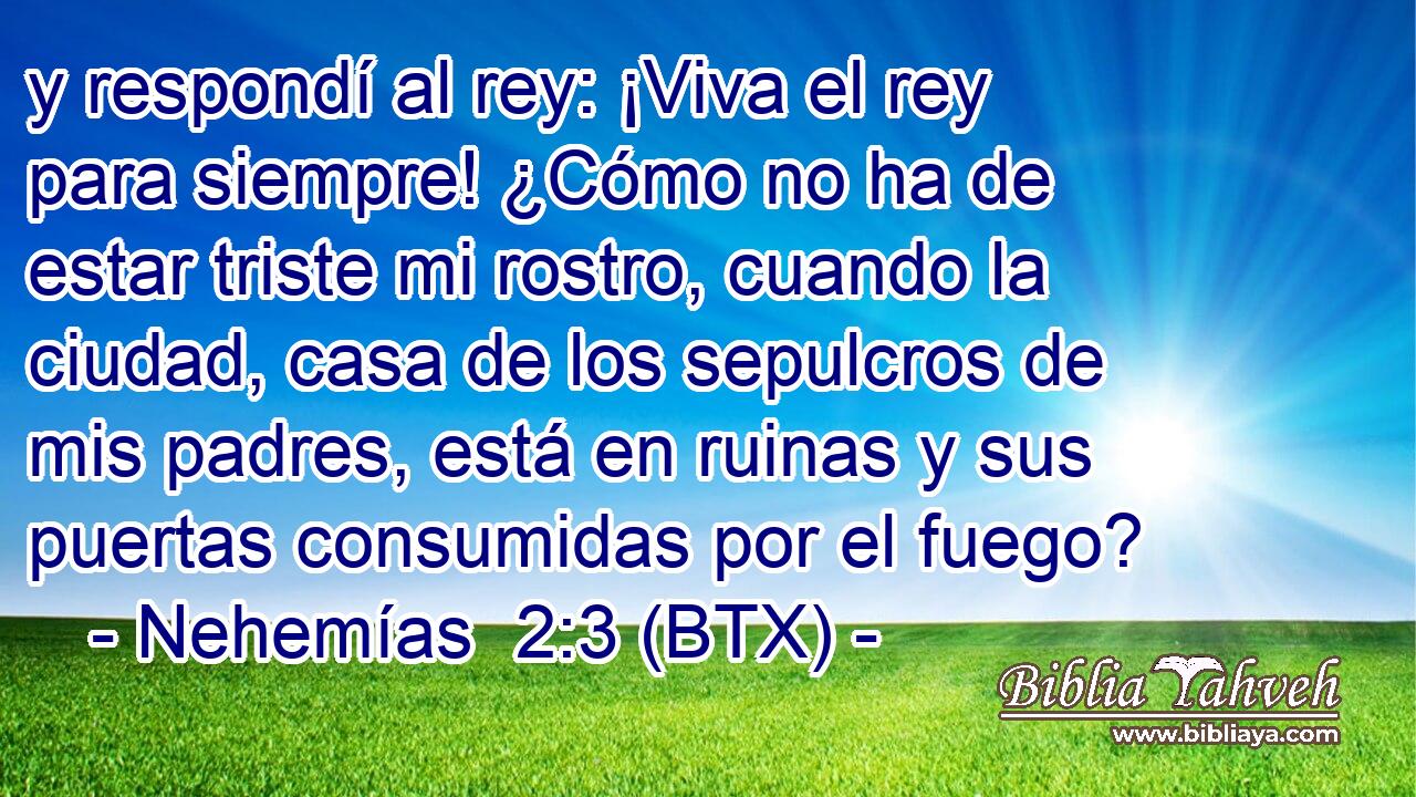 y respondí al rey: ¡Viva el rey para siempre! ¿Cómo no ha de estar triste mi rostro, cuando la ciudad, casa de los sepulcros de mis padres, está en ruinas y sus puertas consumidas por el fuego?