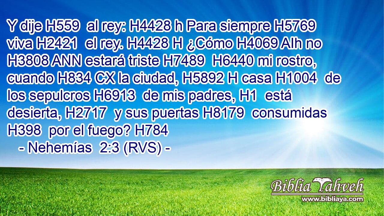 Y dije H559  al rey: H4428 h Para siempre H5769  viva H2421  el rey. H4428 H ¿Cómo H4069 AIh no H3808 ANN estará triste H7489  H6440 mi rostro, cuando H834 CX la ciudad, H5892 H casa H1004  de los sepulcros H6913  de mis padres, H1  está desierta, H2717  y sus puertas H8179  consumidas H398  por el fuego? H784  
