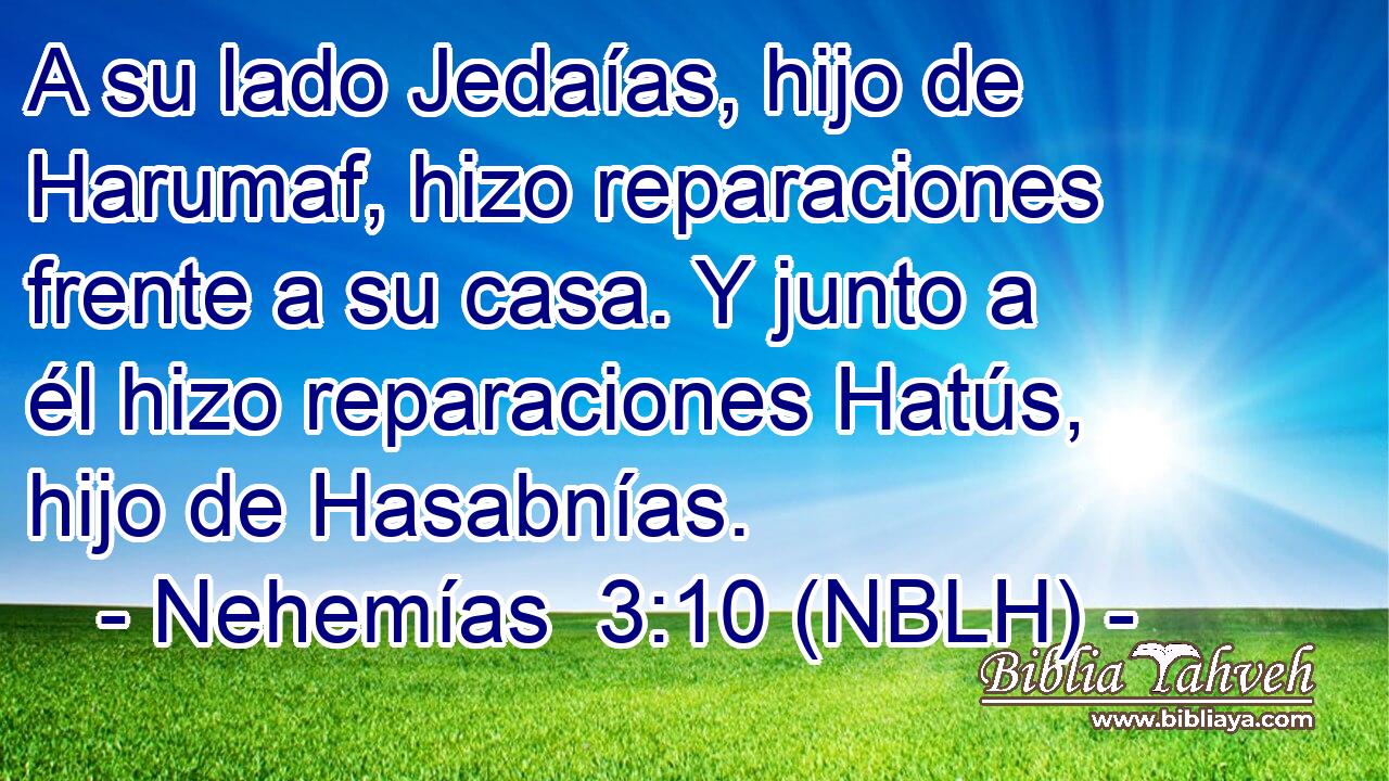  A su lado Jedaías, hijo de Harumaf, hizo reparaciones frente a su casa. Y junto a él hizo reparaciones Hatús, hijo de Hasabnías. 