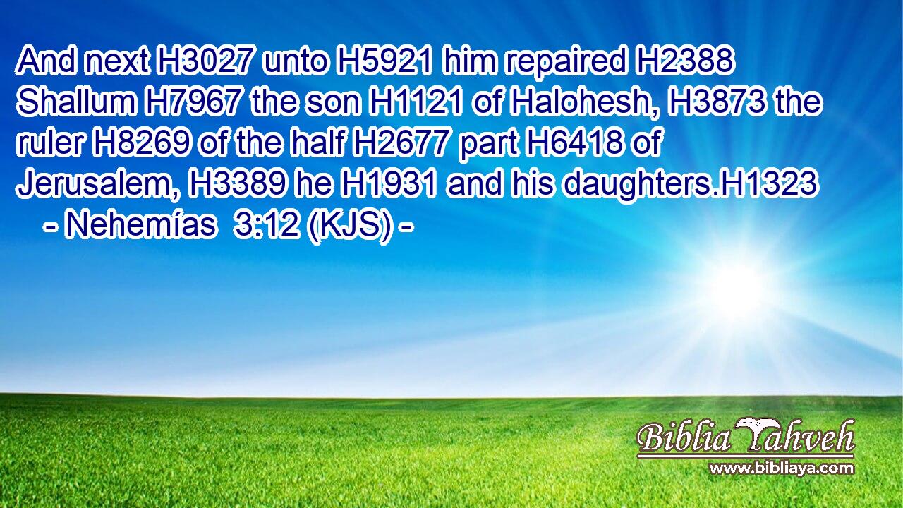 And next H3027 unto H5921 him repaired H2388 Shallum H7967 the son H1121 of Halohesh, H3873 the ruler H8269 of the half H2677 part H6418 of Jerusalem, H3389 he H1931 and his daughters.H1323