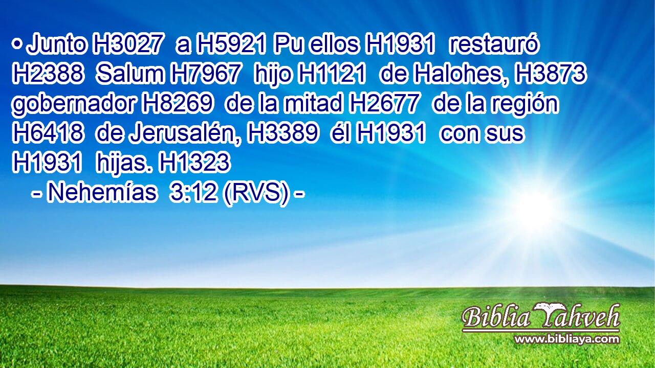• Junto H3027  a H5921 Pu ellos H1931  restauró H2388  Salum H7967  hijo H1121  de Halohes, H3873  gobernador H8269  de la mitad H2677  de la región H6418  de Jerusalén, H3389  él H1931  con sus H1931  hijas. H1323  