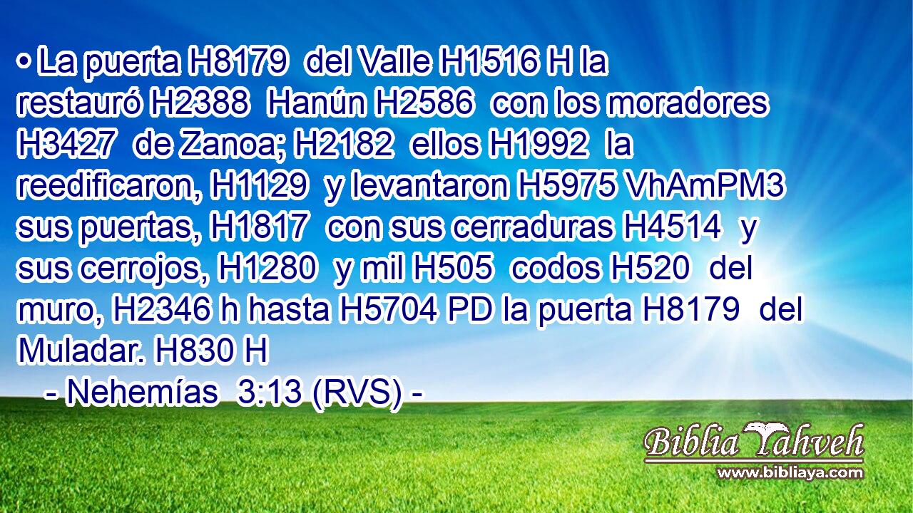 • La puerta H8179  del Valle H1516 H la restauró H2388  Hanún H2586  con los moradores H3427  de Zanoa; H2182  ellos H1992  la reedificaron, H1129  y levantaron H5975 VhAmPM3 sus puertas, H1817  con sus cerraduras H4514  y sus cerrojos, H1280  y mil H505  codos H520  del muro, H2346 h hasta H5704 PD la puerta H8179  del Muladar. H830 H 