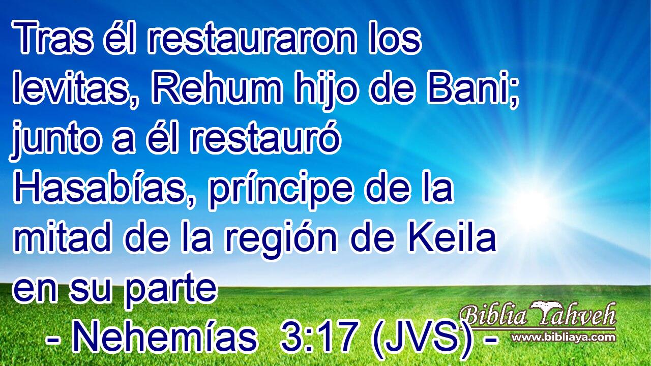 Tras él restauraron los levitas, Rehum hijo de Bani; junto a él restauró Hasabías, príncipe de la mitad de la región de Keila en su parte
