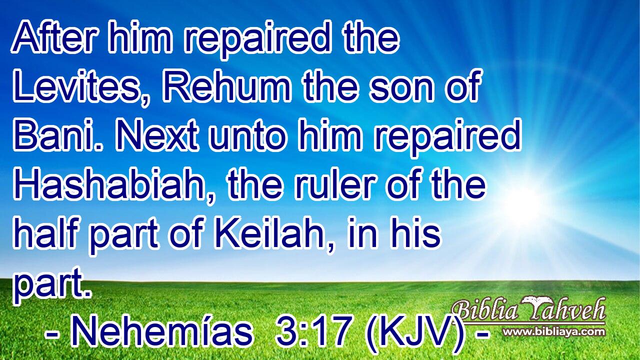 After him repaired the Levites, Rehum the son of Bani. Next unto him repaired Hashabiah, the ruler of the half part of Keilah, in his part.