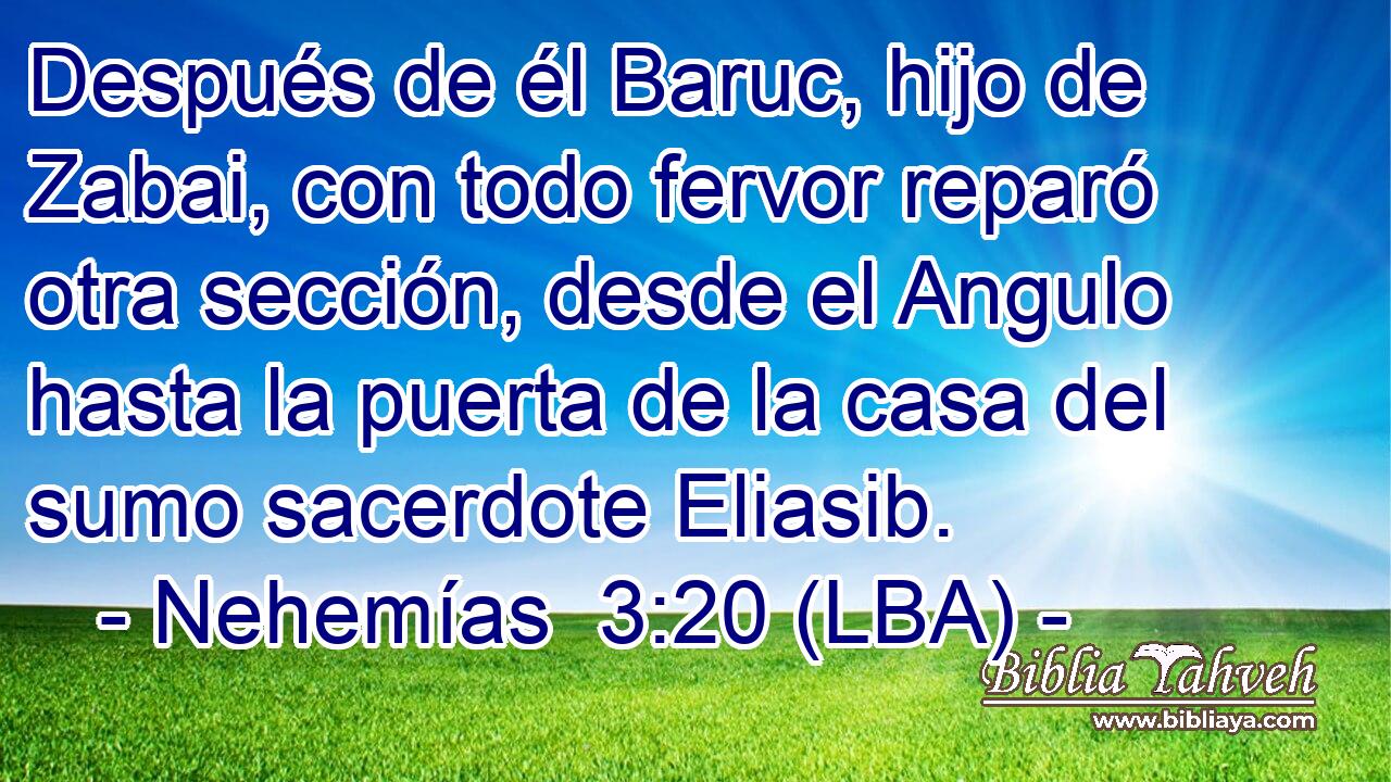 Después de él Baruc, hijo de Zabai, con todo fervor reparó otra sección, desde el Angulo hasta la puerta de la casa del sumo sacerdote Eliasib.