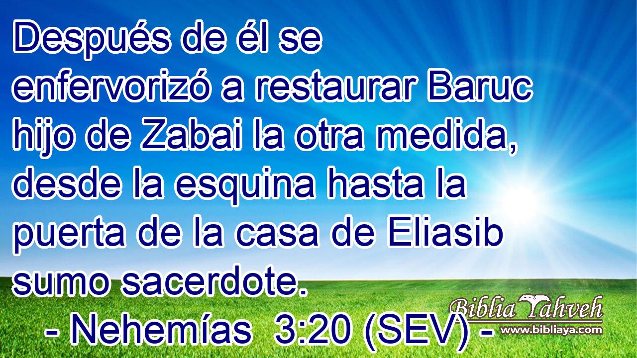 Después de él se enfervorizó a restaurar Baruc hijo de Zabai la otra medida, desde la esquina hasta la puerta de la casa de Eliasib sumo sacerdote.