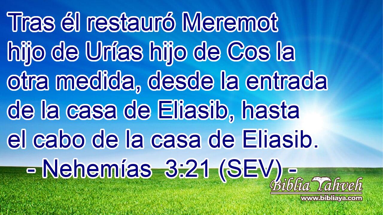 Tras él restauró Meremot hijo de Urías hijo de Cos la otra medida, desde la entrada de la casa de Eliasib, hasta el cabo de la casa de Eliasib.