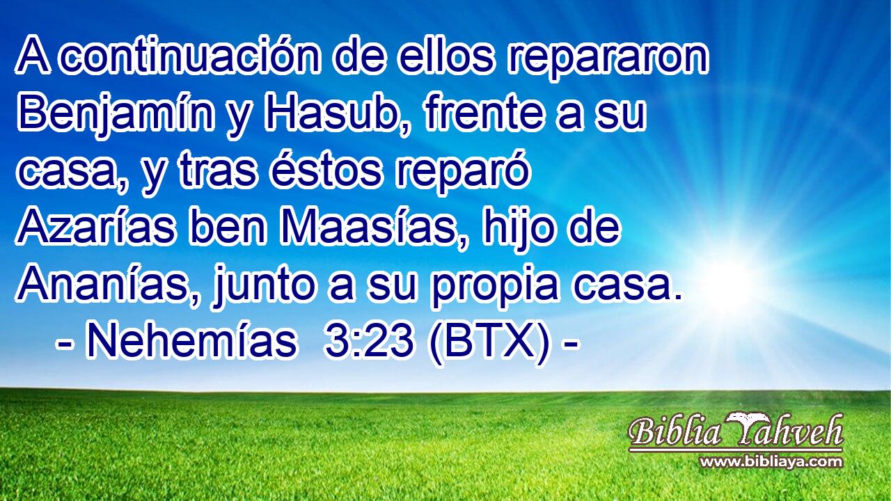 A continuación de ellos repararon Benjamín y Hasub, frente a su casa, y tras éstos reparó Azarías ben Maasías, hijo de Ananías, junto a su propia casa.