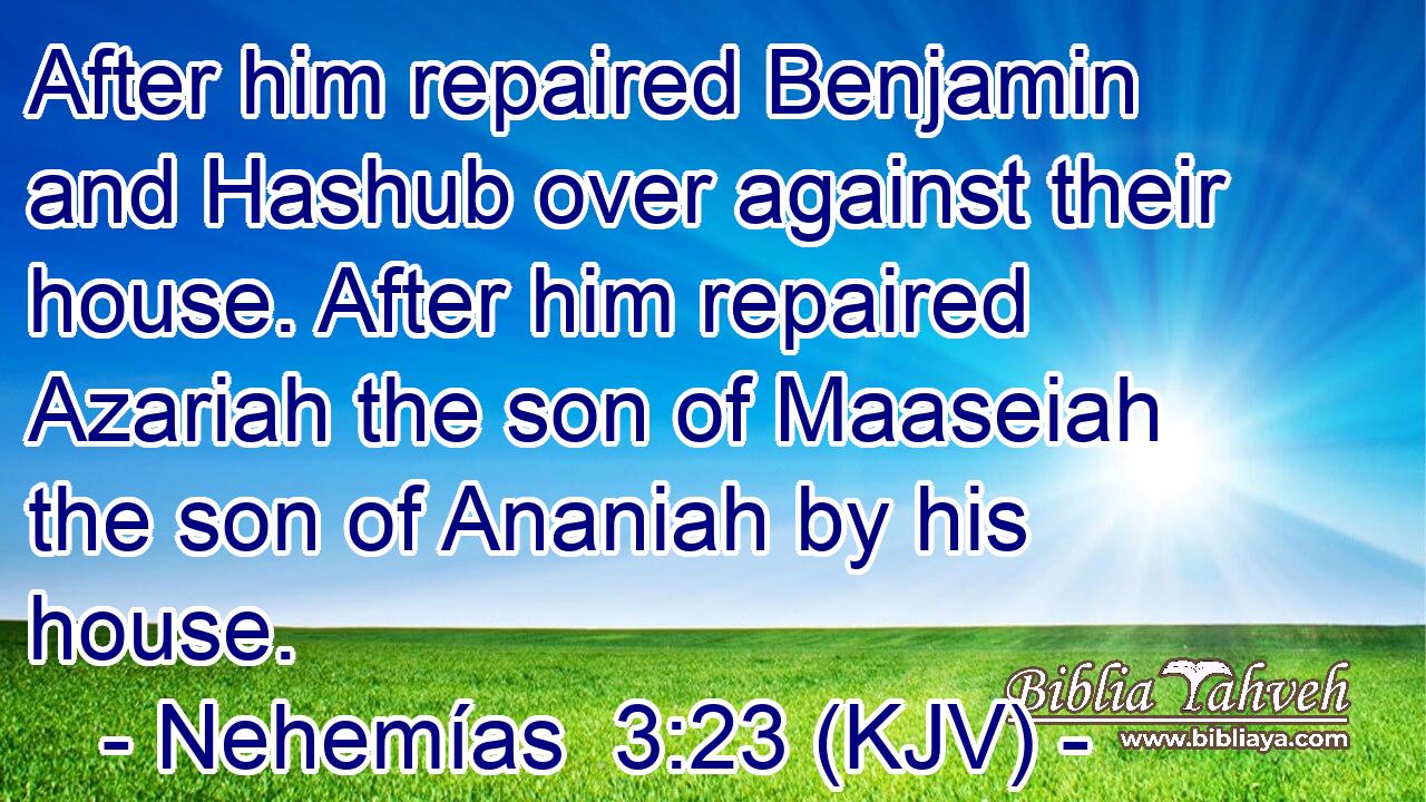 After him repaired Benjamin and Hashub over against their house. After him repaired Azariah the son of Maaseiah the son of Ananiah by his house.