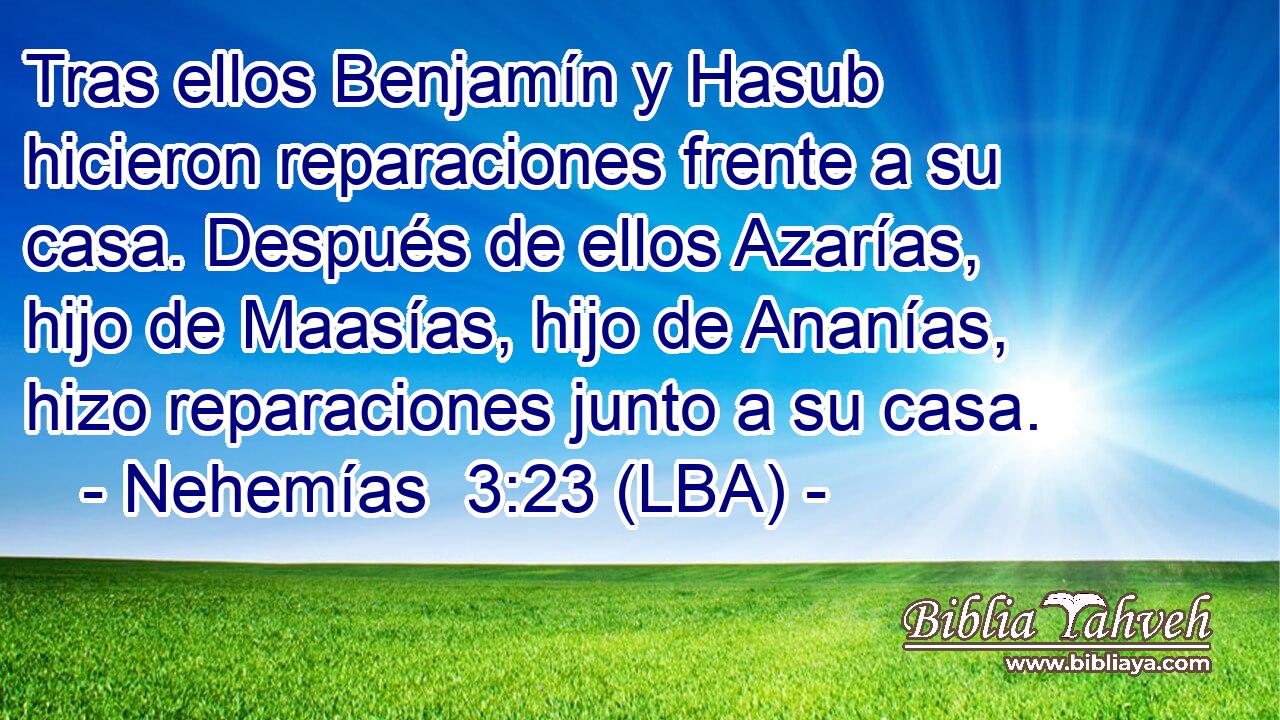 Tras ellos Benjamín y Hasub hicieron reparaciones frente a su casa. Después de ellos Azarías, hijo de Maasías, hijo de Ananías, hizo reparaciones junto a su casa.
