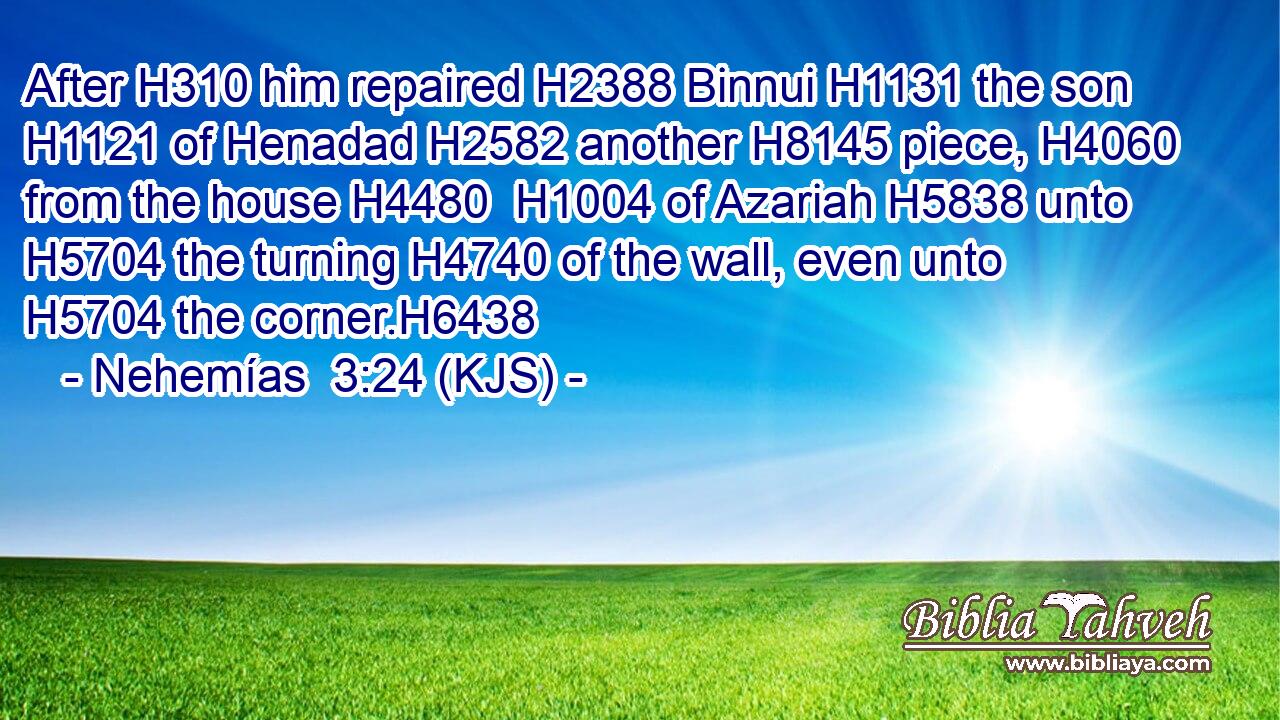After H310 him repaired H2388 Binnui H1131 the son H1121 of Henadad H2582 another H8145 piece, H4060 from the house H4480  H1004 of Azariah H5838 unto H5704 the turning H4740 of the wall, even unto H5704 the corner.H6438