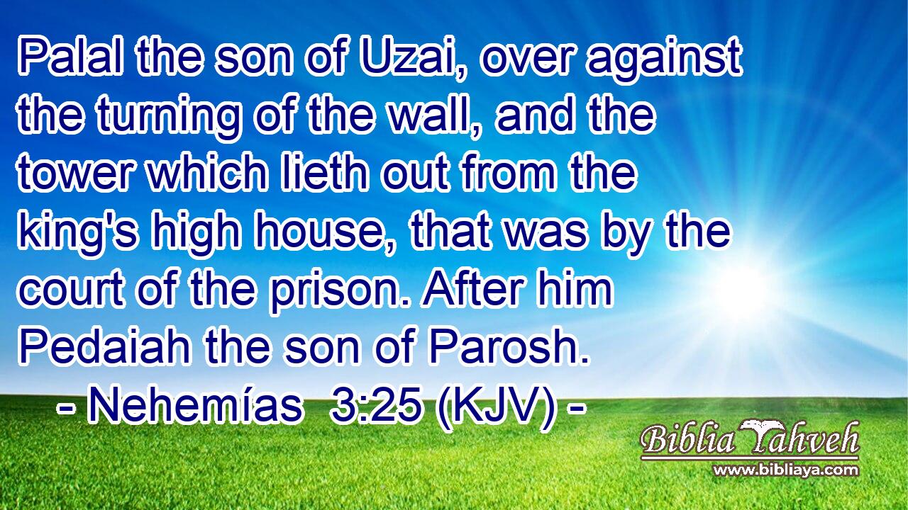 Palal the son of Uzai, over against the turning of the wall, and the tower which lieth out from the king's high house, that was by the court of the prison. After him Pedaiah the son of Parosh.