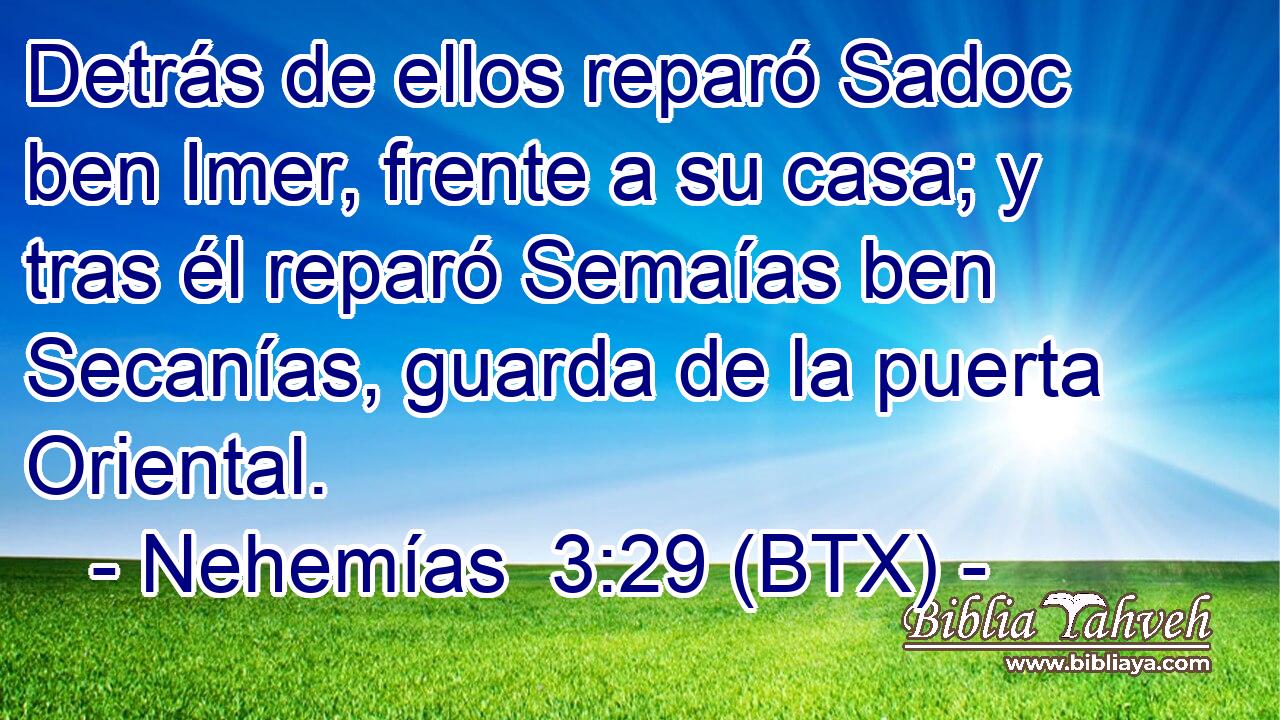 Detrás de ellos reparó Sadoc ben Imer, frente a su casa; y tras él reparó Semaías ben Secanías, guarda de la puerta Oriental.