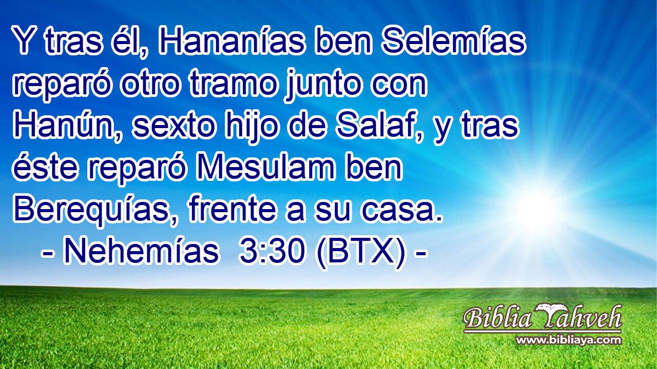 Y tras él, Hananías ben Selemías reparó otro tramo junto con Hanún, sexto hijo de Salaf, y tras éste reparó Mesulam ben Berequías, frente a su casa.