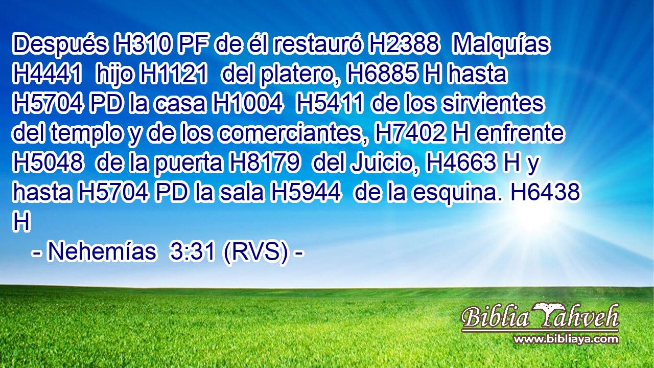 Después H310 PF de él restauró H2388  Malquías H4441  hijo H1121  del platero, H6885 H hasta H5704 PD la casa H1004  H5411 de los sirvientes del templo y de los comerciantes, H7402 H enfrente H5048  de la puerta H8179  del Juicio, H4663 H y hasta H5704 PD la sala H5944  de la esquina. H6438 H 