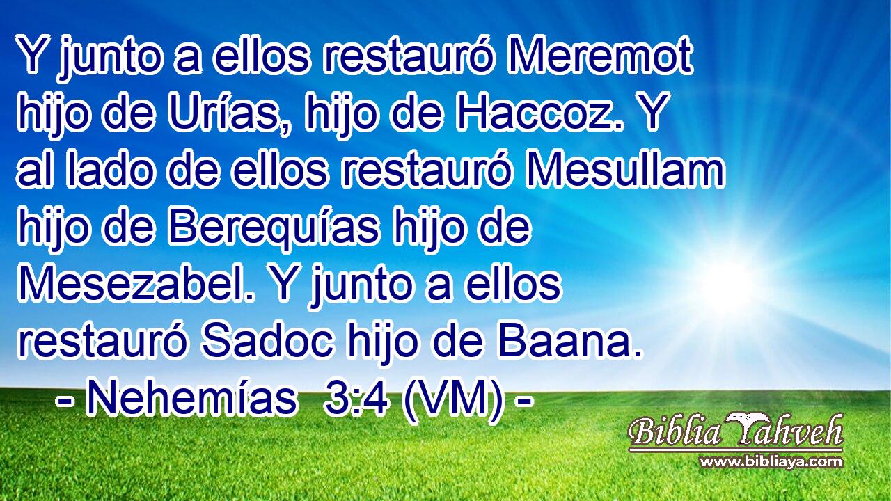  Y junto a ellos restauró Meremot hijo de Urías, hijo de Haccoz. Y al lado de ellos restauró Mesullam hijo de Berequías hijo de Mesezabel. Y junto a ellos restauró Sadoc hijo de Baana. 