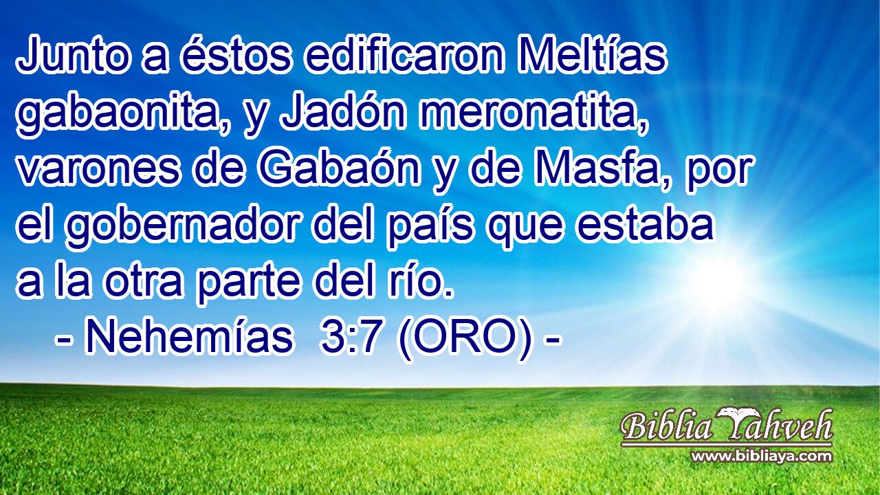  Junto a éstos edificaron Meltías gabaonita, y Jadón meronatita, varones de Gabaón y de Masfa, por el gobernador del país que estaba a la otra parte del río. 