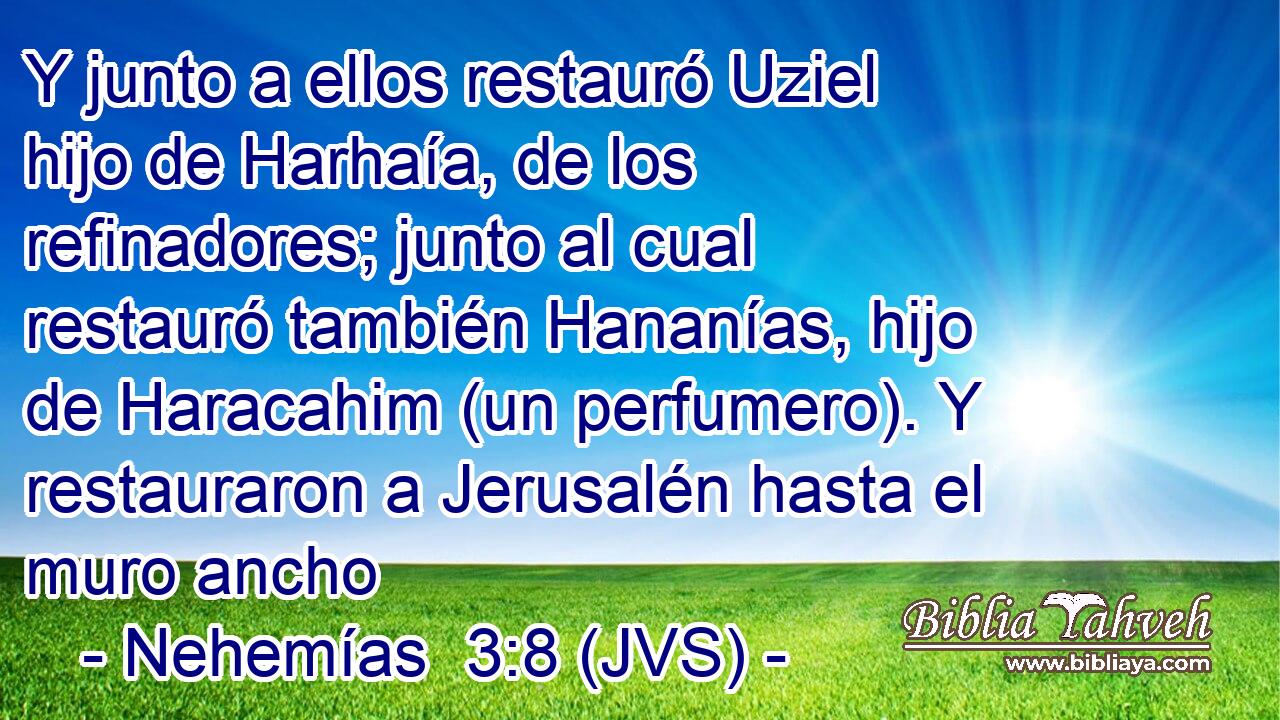 Y junto a ellos restauró Uziel hijo de Harhaía, de los refinadores; junto al cual restauró también Hananías, hijo de Haracahim (un perfumero). Y restauraron a Jerusalén hasta el muro ancho