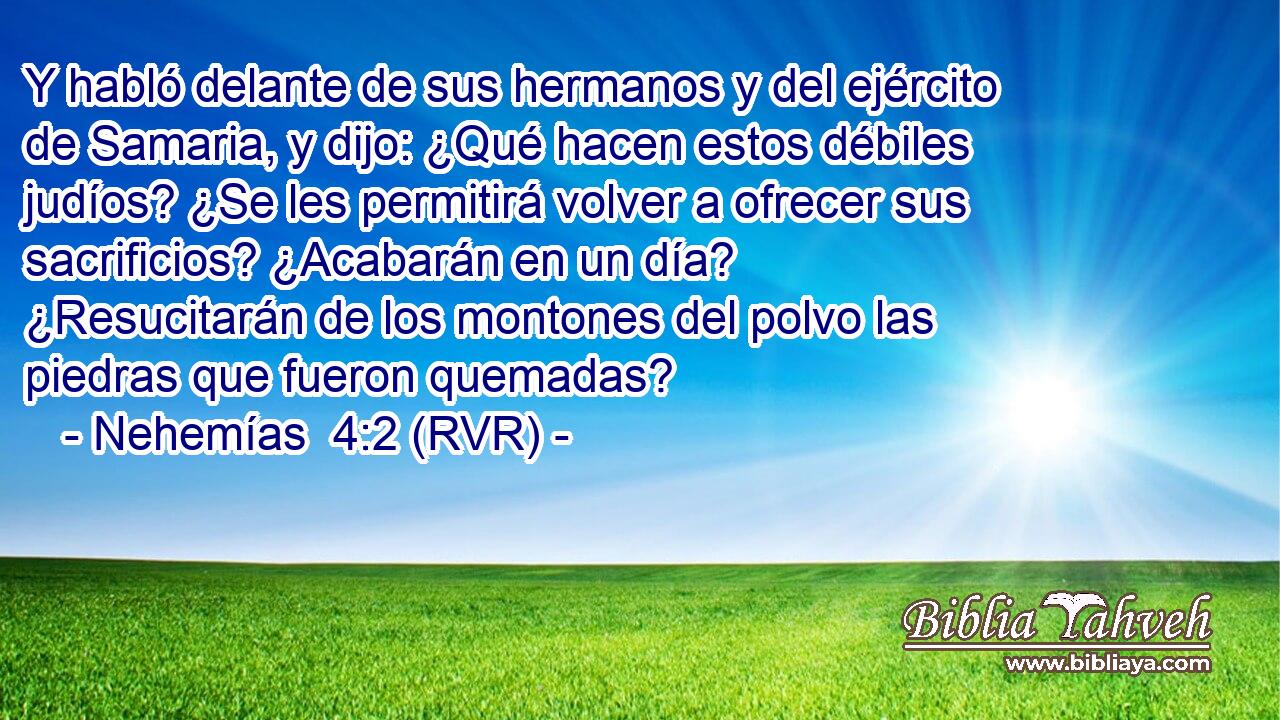 Y habló delante de sus hermanos y del ejército de Samaria, y dijo: ¿Qué hacen estos débiles judíos? ¿Se les permitirá volver a ofrecer sus sacrificios? ¿Acabarán en un día? ¿Resucitarán de los montones del polvo las piedras que fueron quemadas?