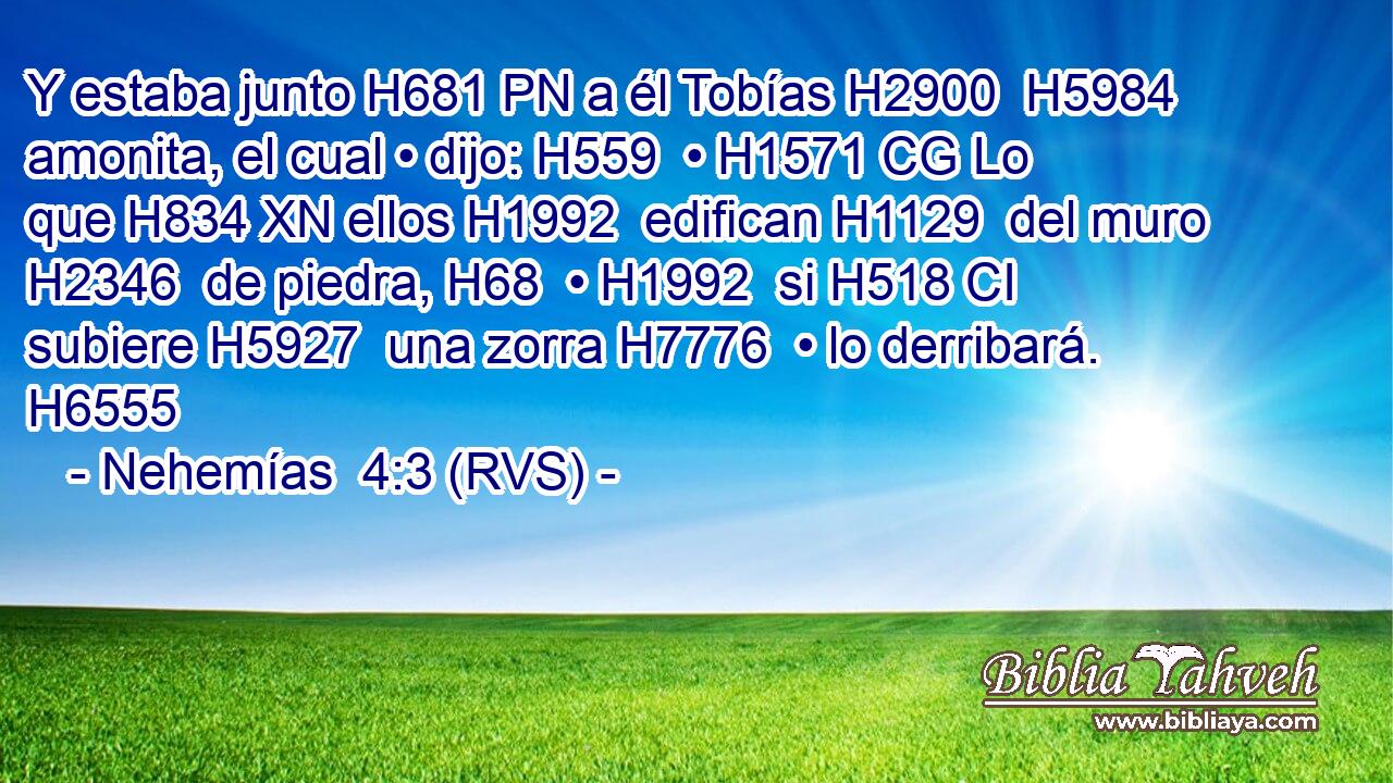 Y estaba junto H681 PN a él Tobías H2900  H5984 amonita, el cual • dijo: H559  • H1571 CG Lo que H834 XN ellos H1992  edifican H1129  del muro H2346  de piedra, H68  • H1992  si H518 CI subiere H5927  una zorra H7776  • lo derribará. H6555  
