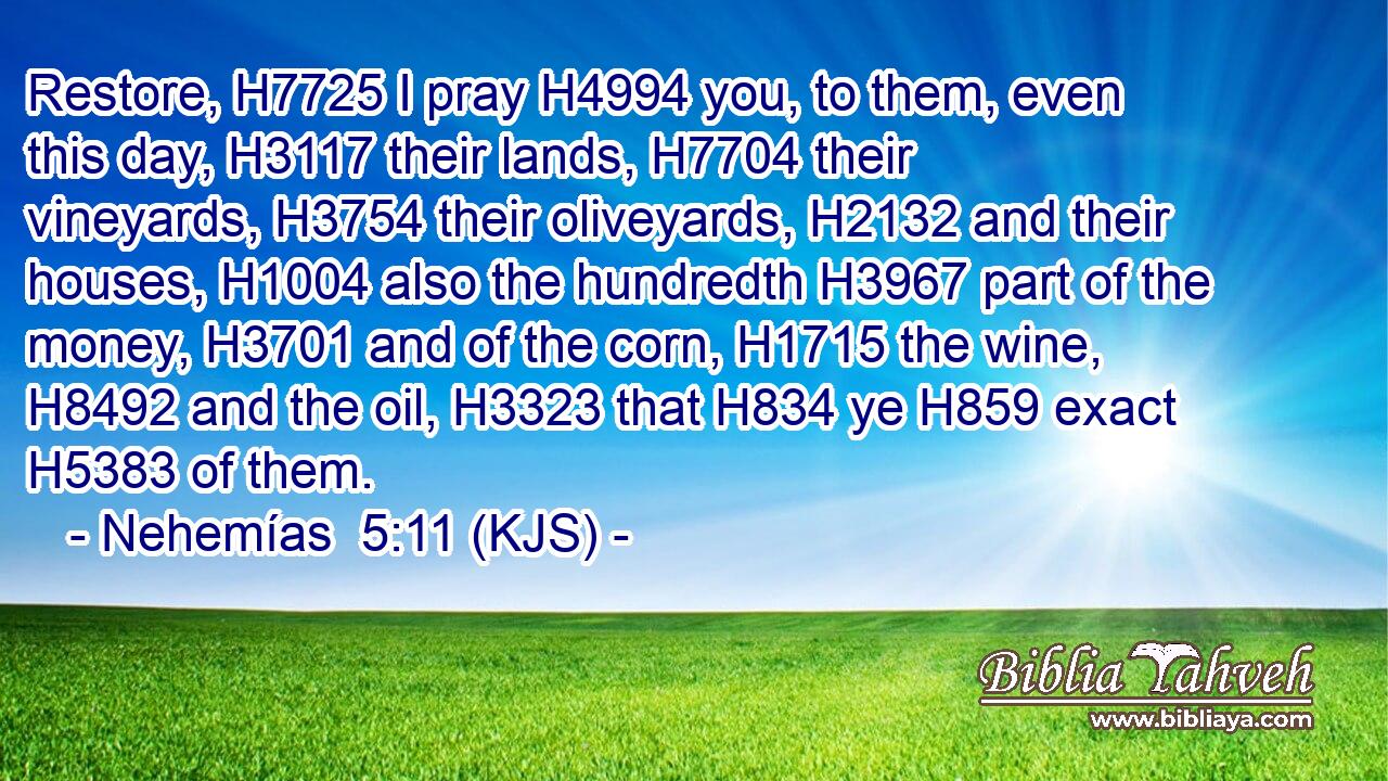 Restore, H7725 I pray H4994 you, to them, even this day, H3117 their lands, H7704 their vineyards, H3754 their oliveyards, H2132 and their houses, H1004 also the hundredth H3967 part of the money, H3701 and of the corn, H1715 the wine, H8492 and the oil, H3323 that H834 ye H859 exact H5383 of them.