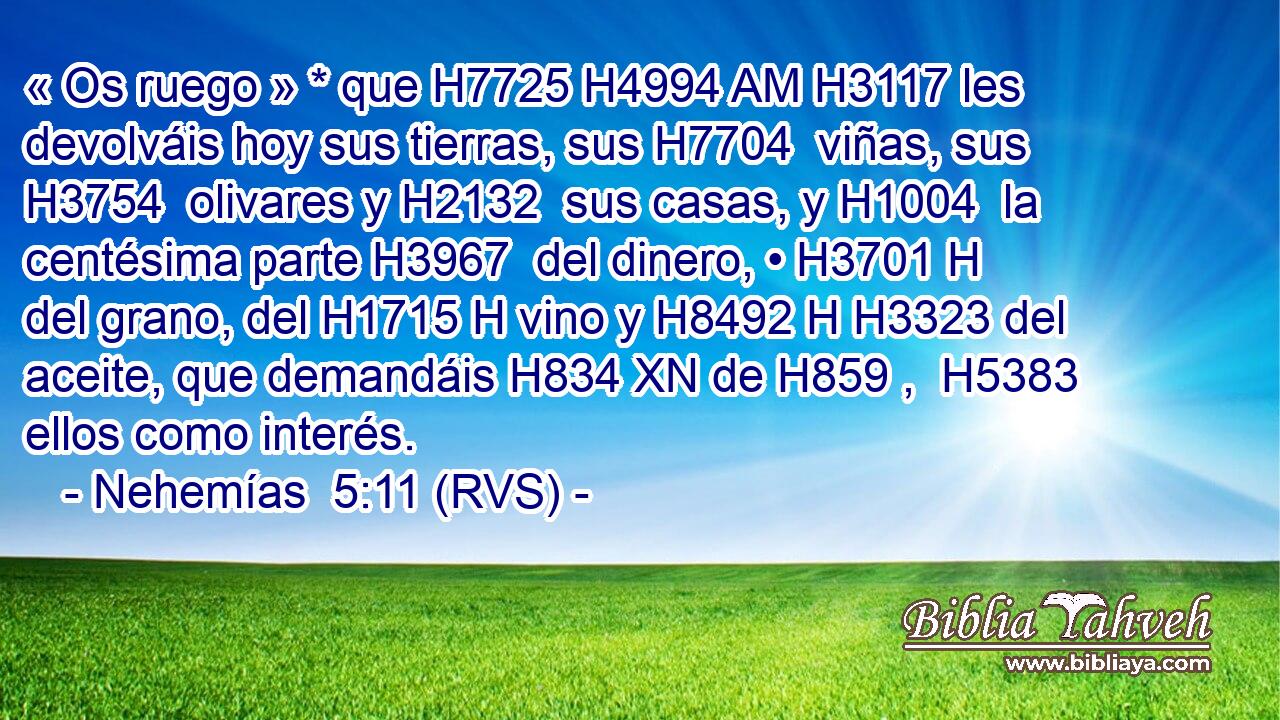 « Os ruego » * que H7725 H4994 AM H3117 les devolváis hoy sus tierras, sus H7704  viñas, sus H3754  olivares y H2132  sus casas, y H1004  la centésima parte H3967  del dinero, • H3701 H del grano, del H1715 H vino y H8492 H H3323 del aceite, que demandáis H834 XN de H859 ,  H5383 ellos como interés. 