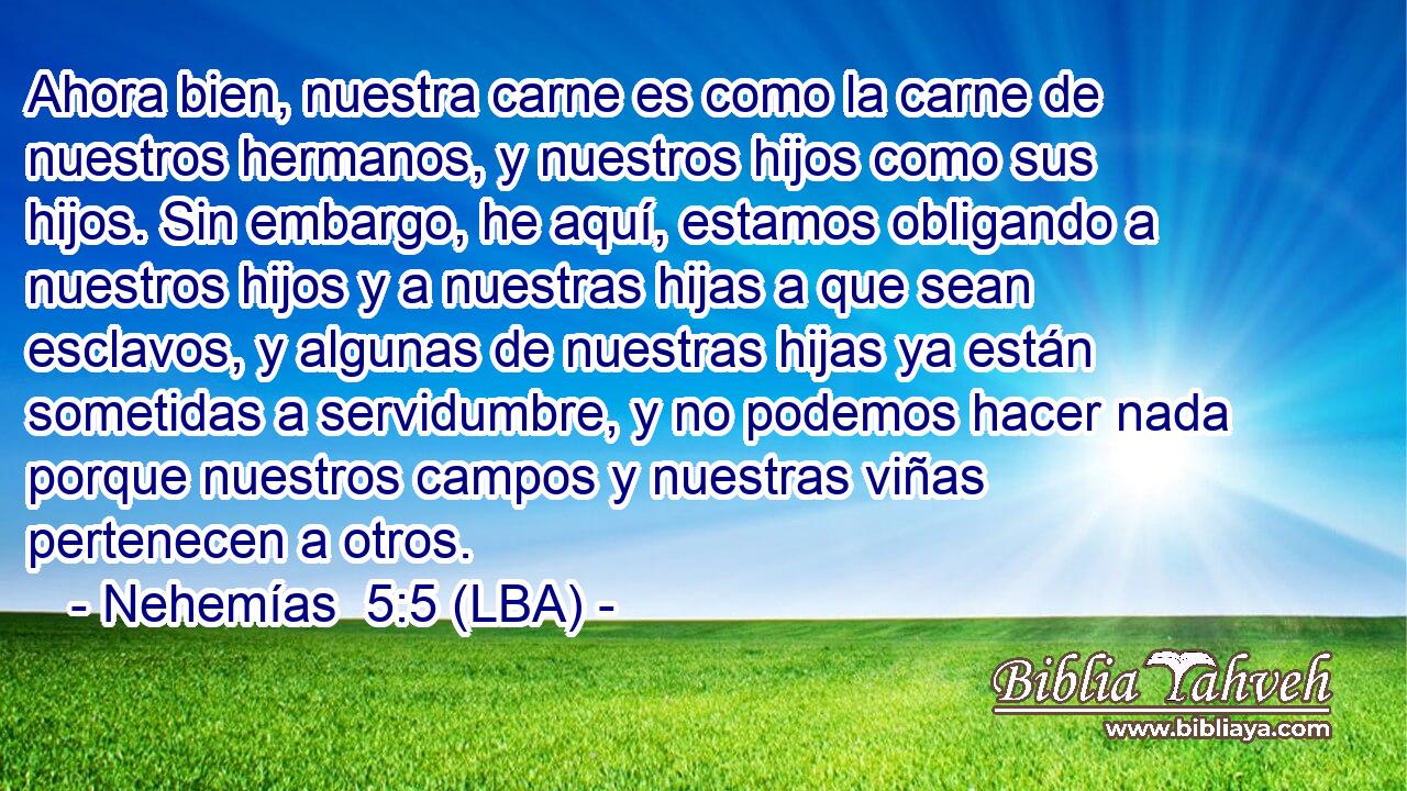 Ahora bien, nuestra carne es como la carne de nuestros hermanos, y nuestros hijos como sus hijos. Sin embargo, he aquí, estamos obligando a nuestros hijos y a nuestras hijas a que sean esclavos, y algunas de nuestras hijas ya están sometidas a servidumbre, y no podemos hacer nada porque nuestros campos y nuestras viñas pertenecen a otros.