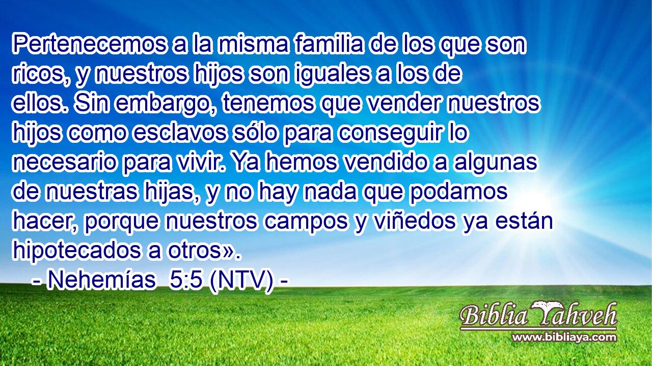 Pertenecemos a la misma familia de los que son ricos, y nuestros hijos son iguales a los de ellos. Sin embargo, tenemos que vender nuestros hijos como esclavos sólo para conseguir lo necesario para vivir. Ya hemos vendido a algunas de nuestras hijas, y no hay nada que podamos hacer, porque nuestros campos y viñedos ya están hipotecados a otros».