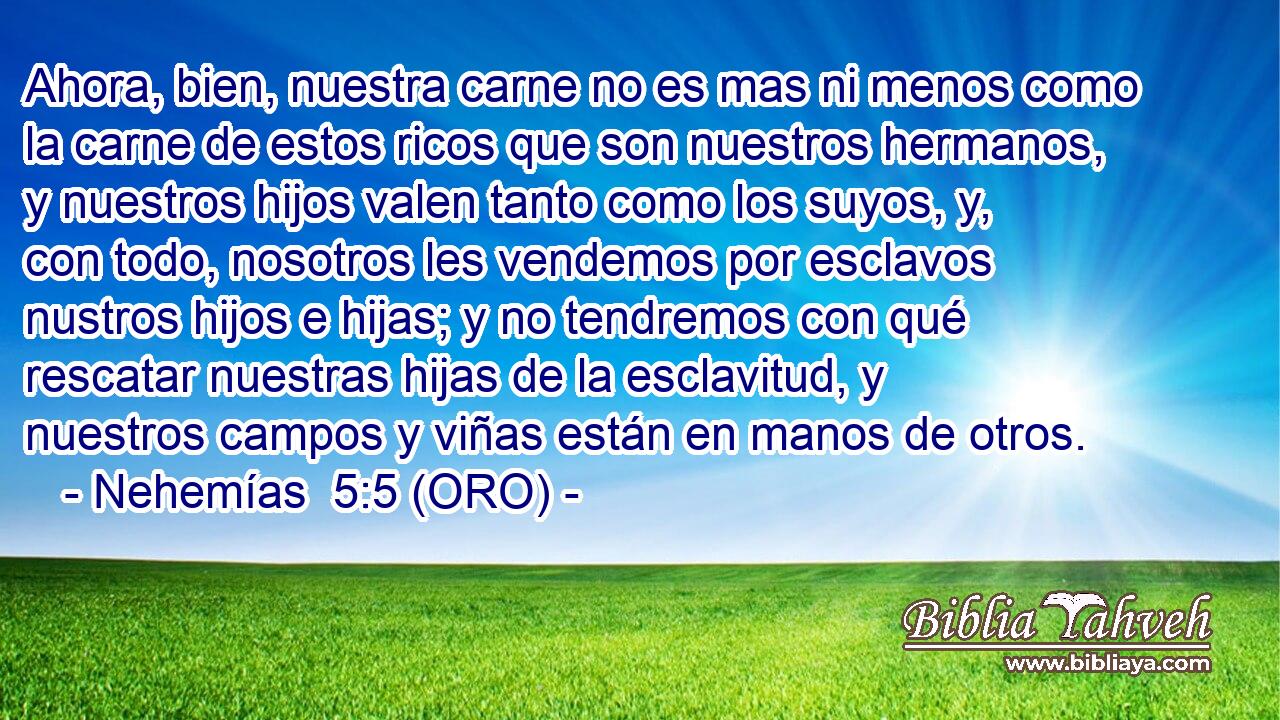  Ahora, bien, nuestra carne no es mas ni menos como la carne de estos ricos que son nuestros hermanos, y nuestros hijos valen tanto como los suyos, y, con todo, nosotros les vendemos por esclavos nustros hijos e hijas; y no tendremos con qué rescatar nuestras hijas de la esclavitud, y nuestros campos y viñas están en manos de otros. 