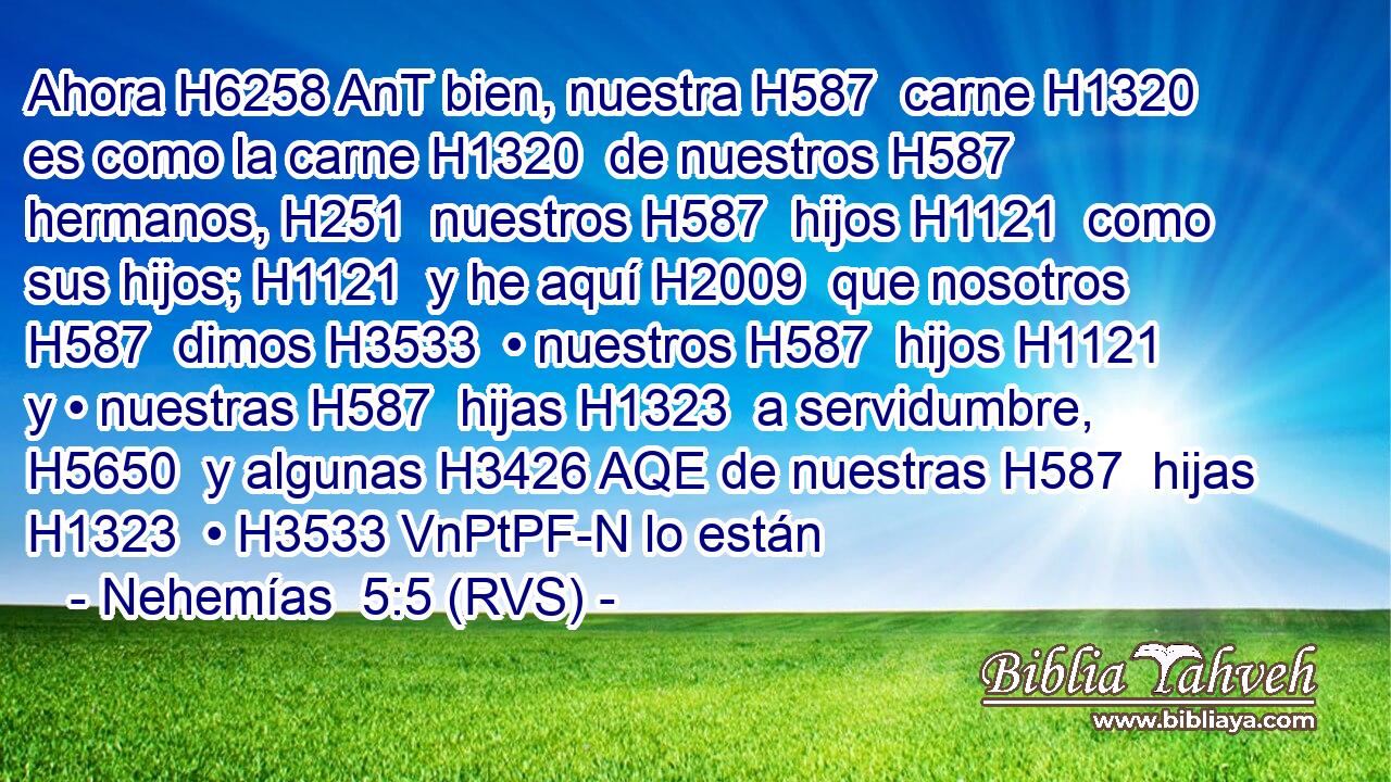 Ahora H6258 AnT bien, nuestra H587  carne H1320  es como la carne H1320  de nuestros H587  hermanos, H251  nuestros H587  hijos H1121  como sus hijos; H1121  y he aquí H2009  que nosotros H587  dimos H3533  • nuestros H587  hijos H1121  y • nuestras H587  hijas H1323  a servidumbre, H5650  y algunas H3426 AQE de nuestras H587  hijas H1323  • H3533 VnPtPF-N lo están