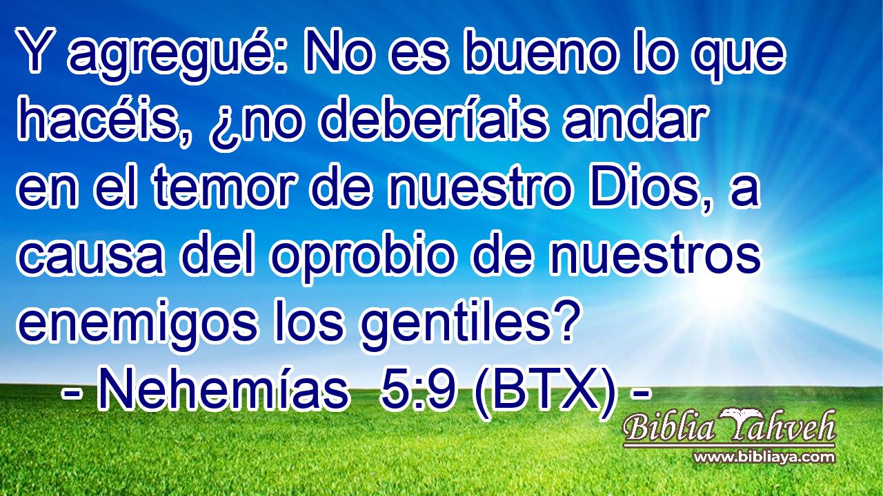 Y agregué: No es bueno lo que hacéis, ¿no deberíais andar en el temor de nuestro Dios, a causa del oprobio de nuestros enemigos los gentiles?