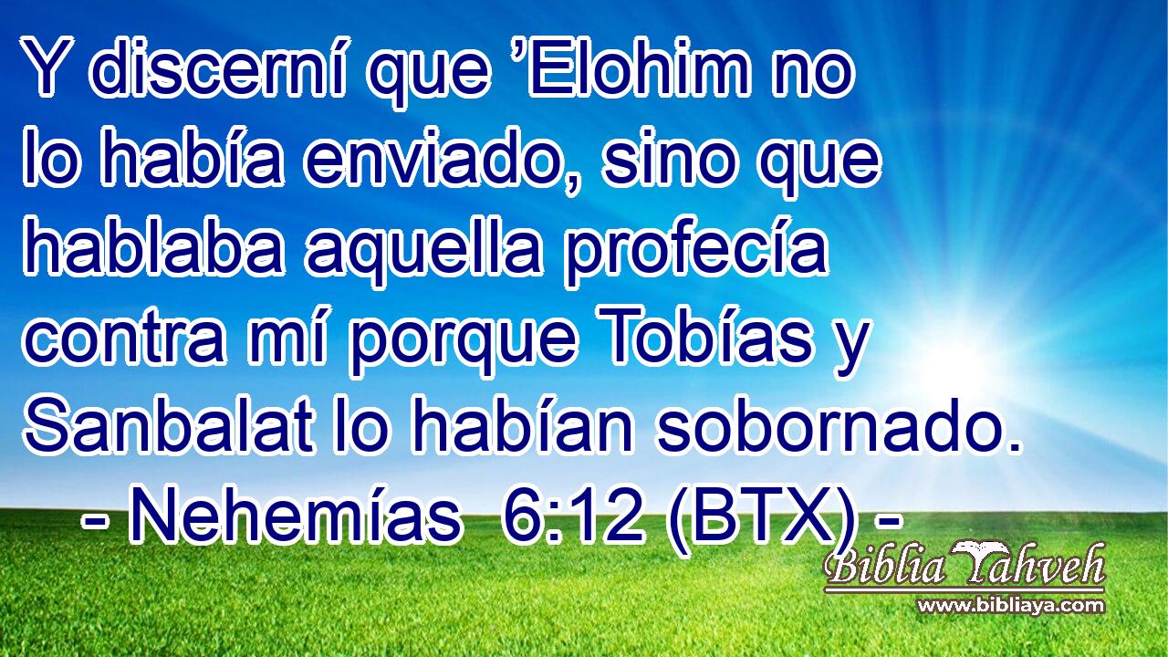 Y discerní que ’Elohim no lo había enviado, sino que hablaba aquella profecía contra mí porque Tobías y Sanbalat lo habían sobornado.